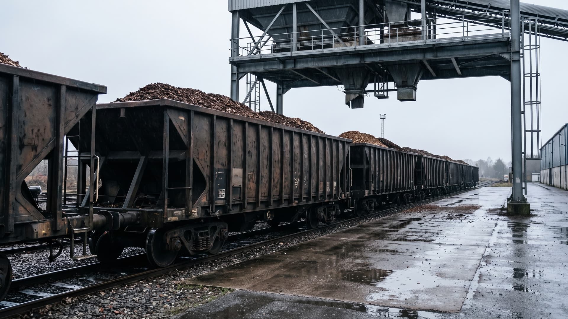 Freight train with bulk biomass wagons against the backdrop of a transhipment terminal